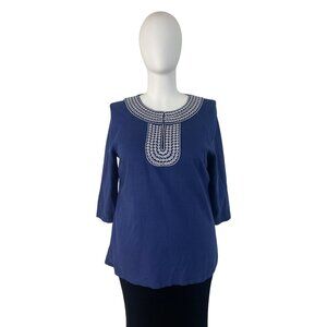 Carole Little Women’s Blue 3/4 Sleeve Top Embroidered Neckline Split Hem Sz 1X
